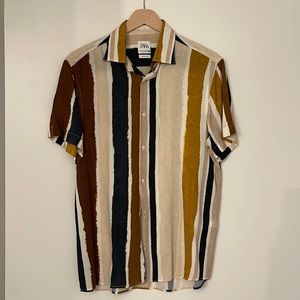Zara neutral striped Short Sleeved Button Down